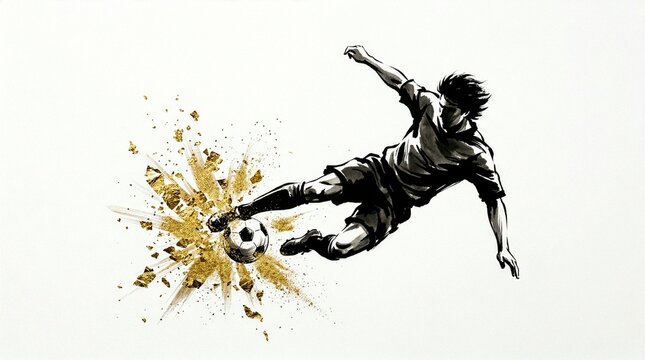 Illustration of a soccer player volleying a ball with a gold explosion
