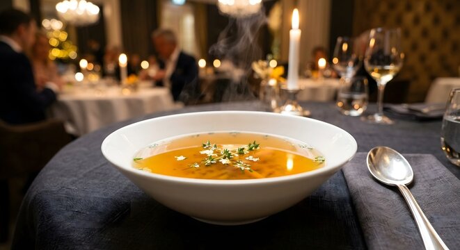 Steaming rich golden consomme soup in a fine dining restaurant setting