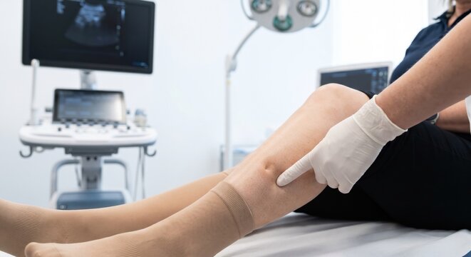 Doctor assessing leg edema and venous insufficiency