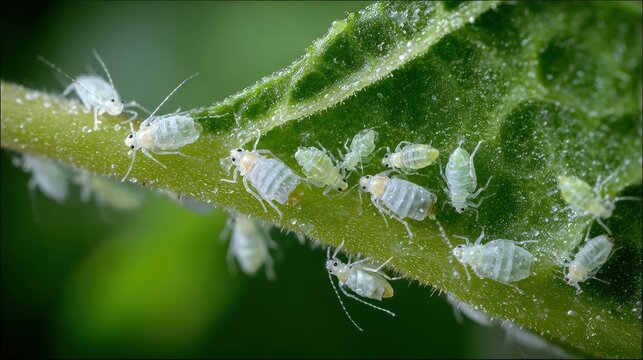 Leaf infestation by whiteflies: life cycle stages visible in high-magnification detail