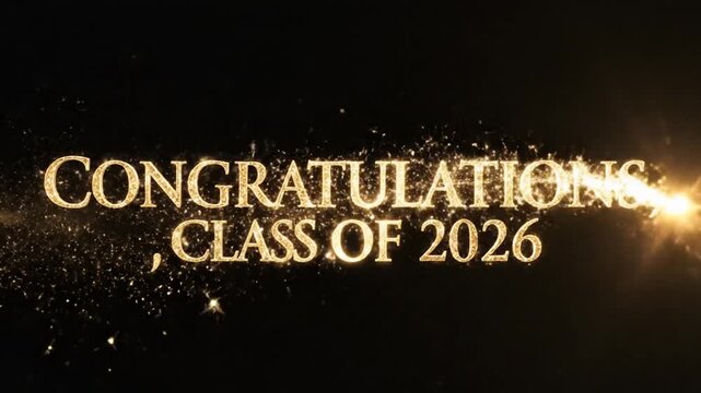 Celebratory digital projection for graduation class of 2026 with sparkling gold text displaying congratulations and future