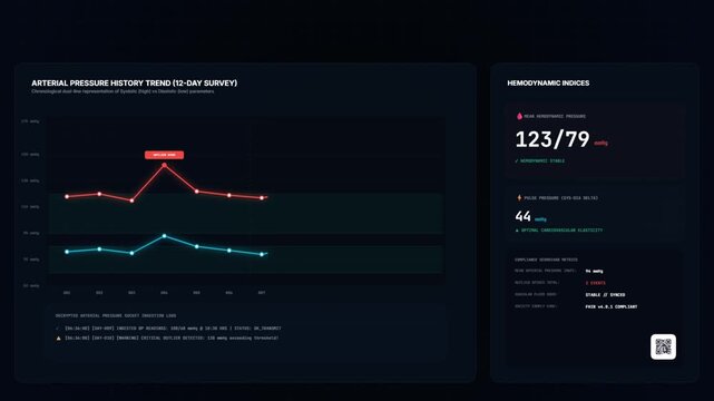 Medical Dashboard UI Visualizing Arterial Blood Pressure Telemetry and Hemodynamic Indices Over a 12-Day Trend