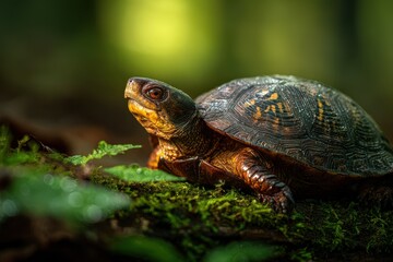 Obraz premium Close-up of a wood turtle with textured shell among forest foliage