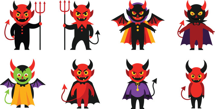 Set of Cute Cartoon Little Devil Characters with Horns, Tridents, Wings, and Capes for Halloween, Fantasy, and Playful Graphic Design Projects