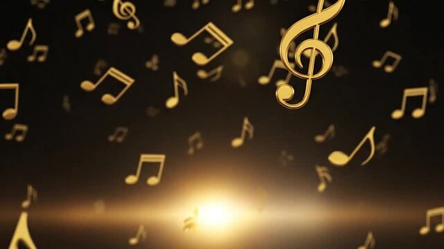 Golden musical notes float against a dark background with soft glowing light effects