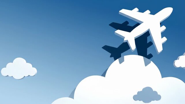 Minimalist 3D white airplane silhouette flying diagonally through a clear gradient blue sky with stylized white cartoon clouds. Clean flat design for aviation, travel, and transport.