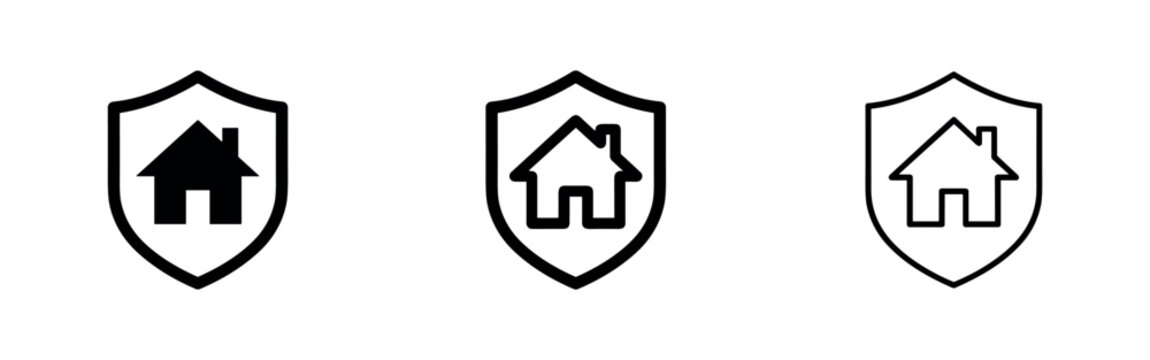 Home protection icon set. Shield with house symbol for security, insurance, and safety.