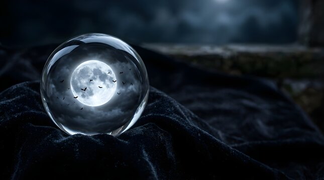 Full moon and flying bats reflected in a glass crystal ball at night
