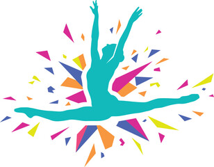 Obraz premium Gymnastics Athlete Silhouette Illustration with Colorful Energy Splash and Sports Performance Symbols for Modern Graphic Design