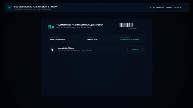 Futuristic digital RX telemedicine interface showing blockchain security verification, medication entry, doctor signature, and encrypted prescription transmission.