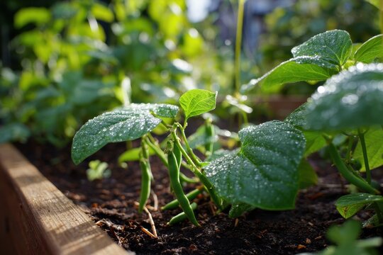 Close-up of tiny green bean pods on young bush bean plants in rich soil