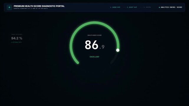 Medical Health Index Score Dashboard UI Animation showing diagnostic metrics like cardio efficiency, hydration, sleep quality and metabolic rate on dark digital screen interface.