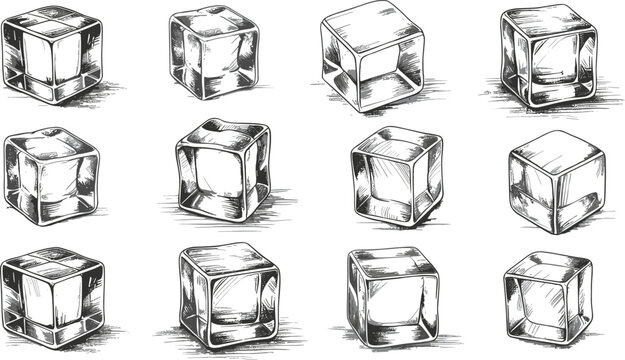 Hand Drawn Ice Cube Collection Illustration with Realistic Frozen Water Sketch Elements for Beverage, Cocktail, and Refreshment Design Projects