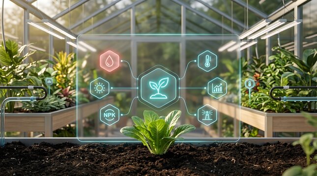 Smart greenhouse farming with digital monitoring overlay