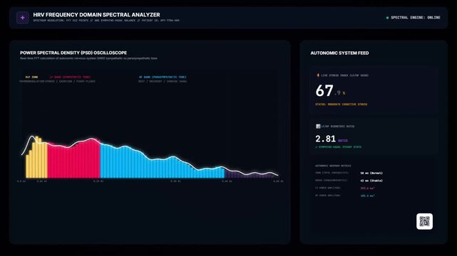 HRV Frequency Domain Spectral Analyzer Dashboard Displaying Autonomic Nervous System Telemetry and Power Spectral Density PSD Oscilloscope Interface