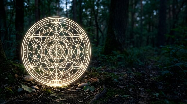 Glowing ancient occult magic circle with runes floating in a dark forest