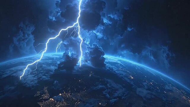 A powerful lightning storm illuminates the dark atmosphere above a glowing planet earth
