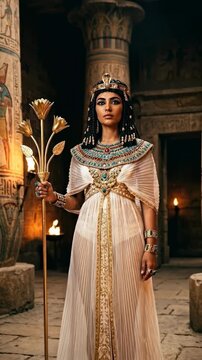 A regal Egyptian queen stands in a dimly lit temple, adorned in opulent gold jewelry and a pristine white gown, holding a golden scepter.