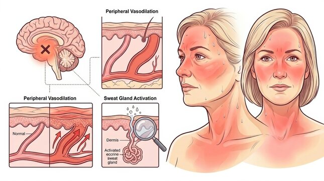 A womans face with signs of sweating and redness due to a temperature spike. It depicts peripheral vasodilation and sweat gland activation.