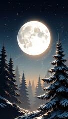 Fototapeta premium Full Moon Glowing over Snowy Pine Trees Isolated on Transparent Background