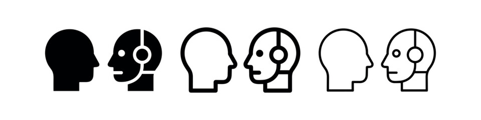 Human head and cyborg head icon set, three variations: solid black, outlined, and filled outline © liubomir118809