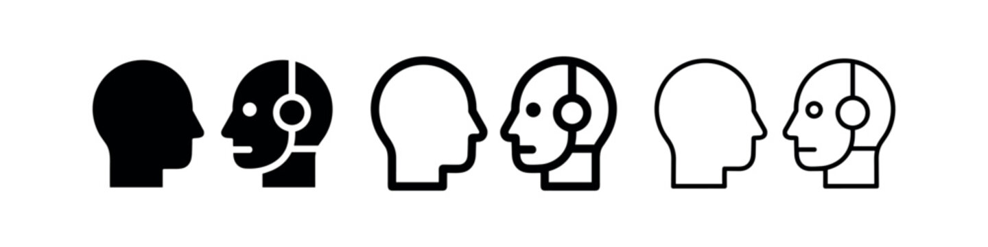 Human head and cyborg head icon set, three variations: solid black, outlined, and filled outline