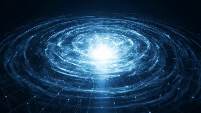 A mesmerizing digital artwork depicts a glowing vortex of light and interconnected lines against a dark, futuristic backdrop, suggesting a portal or advanced technological concept.