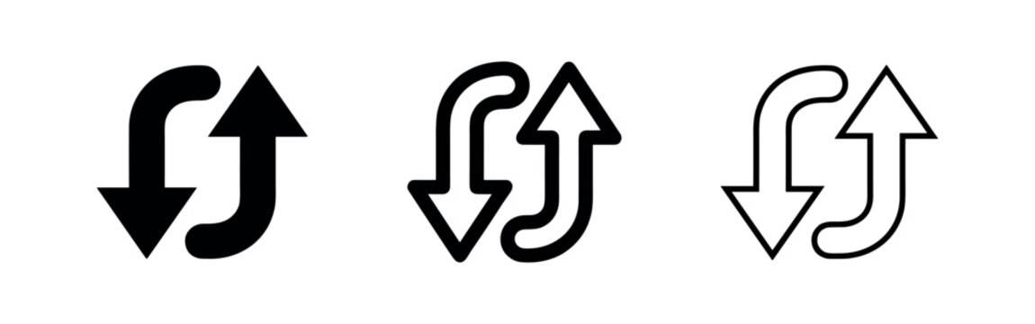 Refresh and sync arrow icons in black glyph and outline styles for interface design