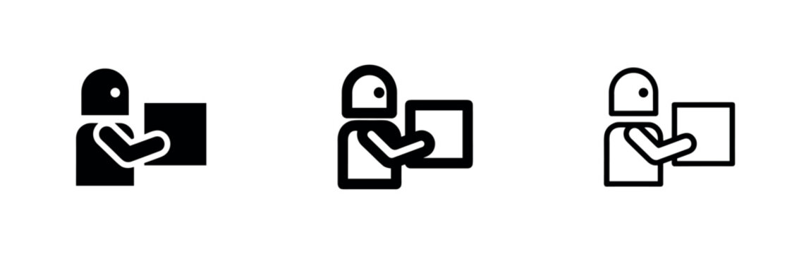 Automated delivery robot icons holding a box for logistics and warehouse concepts