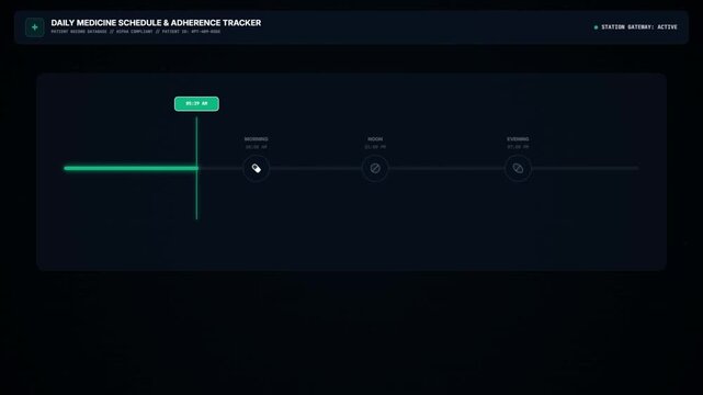 Digital HUD animation of a daily medicine schedule and adherence tracker dashboard showing 100 percent patient compliance