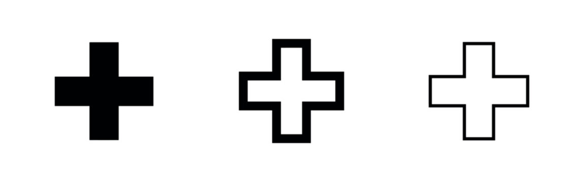 Plus sign or addition icon set. Add, medical cross, positive, hospital, pharmacy symbol.