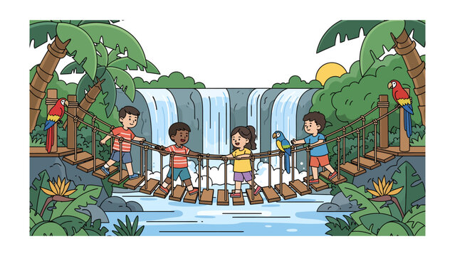 Jungle Adventure: Children traverse a wobbly rope bridge over a river, with a magnificent waterfall cascading behind them, surrounded by lush tropical flora and colorful parrots.