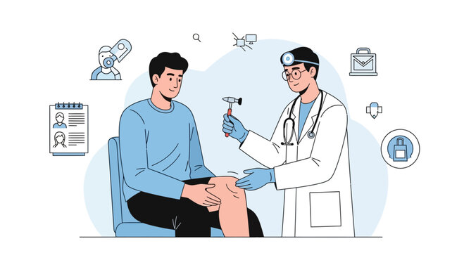 Doctor examining patient's knee with reflex hammer in clinic