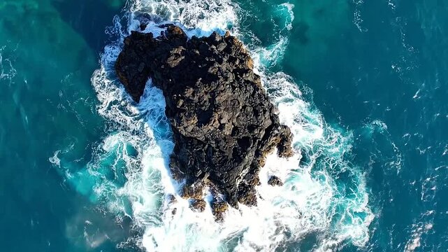 An aerial view of a dark volcanic formation surrounded by blue ocean waves
