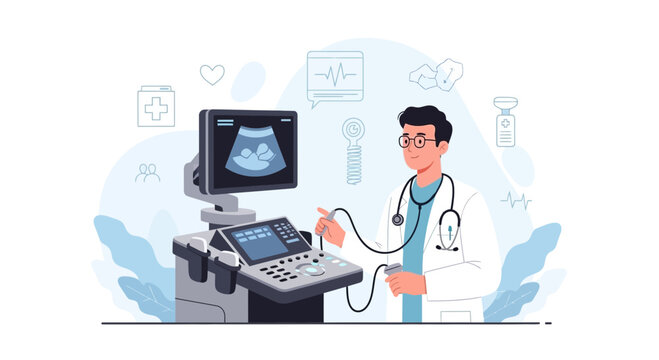Doctor performing ultrasound of fetus on screen with medical icons
