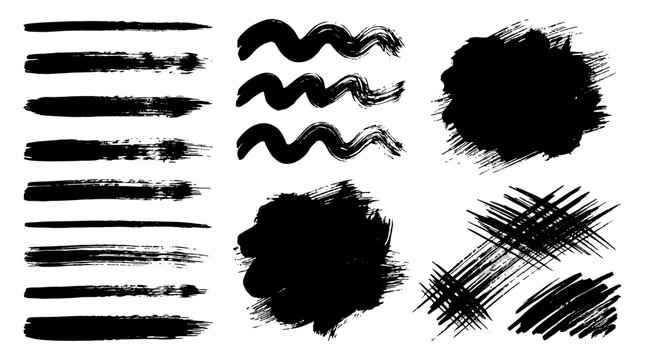 Black dry brush stroke set with ink smudges and scribble marks