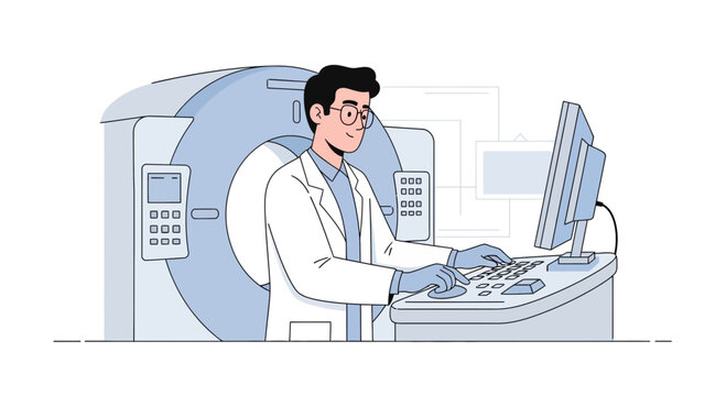 Doctor operating mri scanner and computer