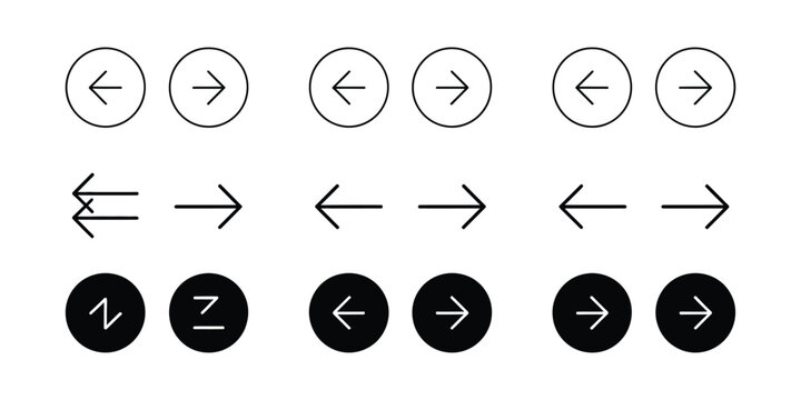 Arrow buttons icon set with website slider navigation symbols and rounded next previous buttons for web interface design.