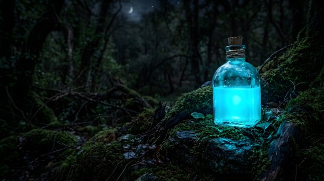 Glowing magic potion bottle resting on a mossy rock in a dark forest at night