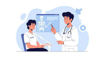 Fototapeta premium Doctor Explains Skeleton Scan to Patient in Clinic Flat Illustration