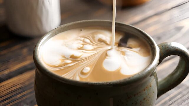 Pouring Cream into Coffee Creating Swirls in a Mug.