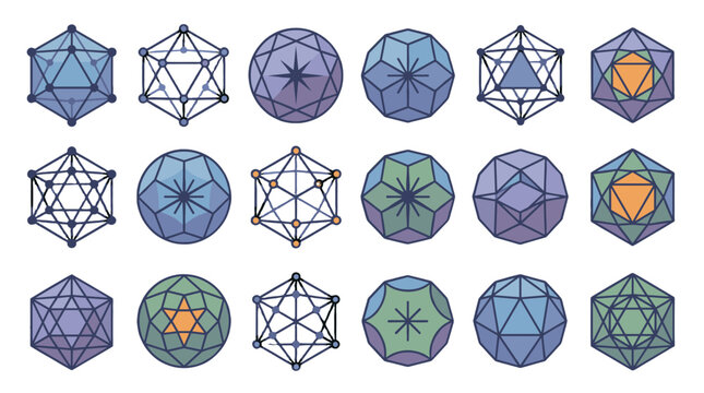 Set of abstract geometric polyhedron icons in flat vector style
