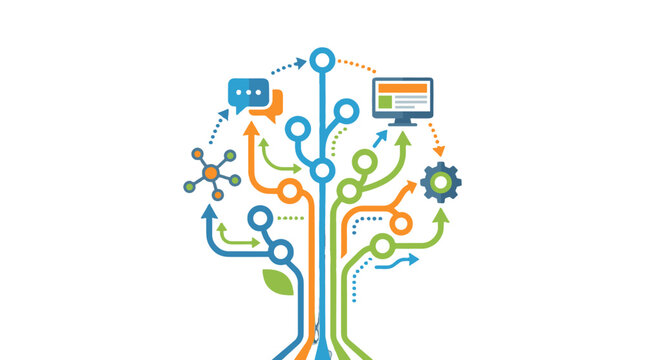 Abstract technology tree with connected lines and media icons