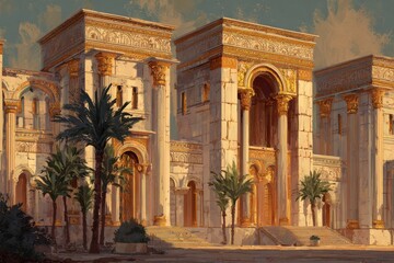 Obraz premium Epic ancient temple artwork in painterly style, desert setting, reverent atmosphere and detailed ornamentation