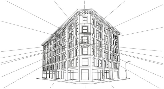 Architectural blueprint line drawing of an urban corner building with two-point perspective, city structure illustration