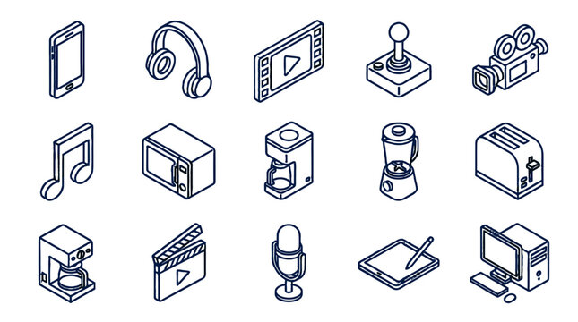 Isometric line icon set of electronic devices and appliances