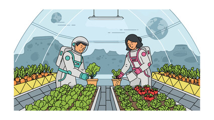 Martian Gardeners: Two astronauts in spacesuits cultivate a thriving garden within a futuristic biodome on the surface of Mars. © abidakhatun