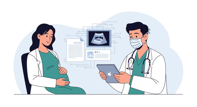 Doctor Consults Pregnant Woman With Ultrasound Scan And Tablet