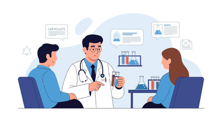 Fototapeta premium Doctor Consulting Patients About Lab Results in Medical Office