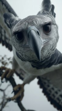 Harpy eagle spreading wings and looking down at camera, intense close-up action portrait.